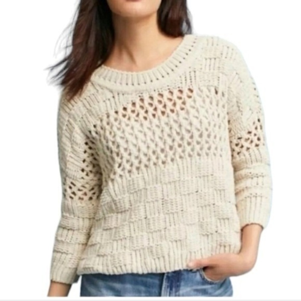 Moth Fisherman Knit Sweater Cropped Chunky Basket WeaveRelaxed Small‎ Ivory